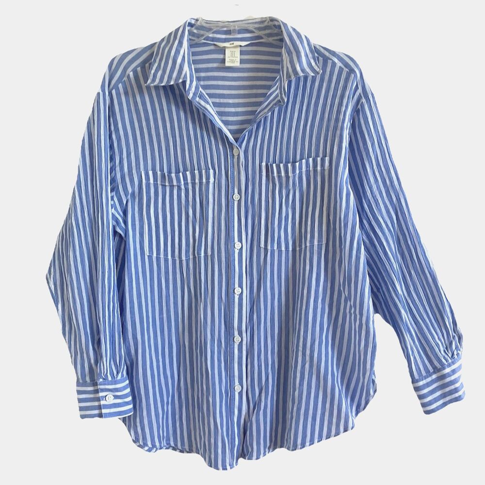 H&M sz M Blue White Loose Fit Button down Long Sleeve Blouse Shirt Top
